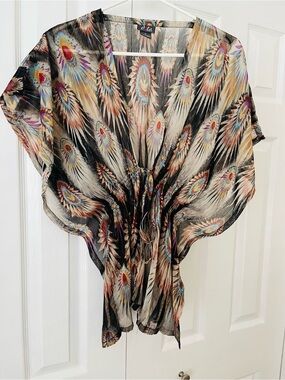 Dots Sheer Peacock-Feather Tunic - Black & Cream with Multicolor Accents